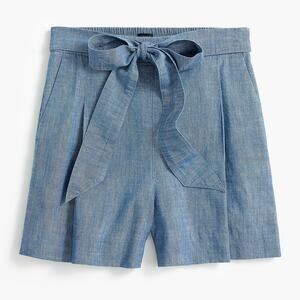 J. Crew Chambray Shorts Cotton Tie Waist Pleated Front Paperbag Blue Size 14